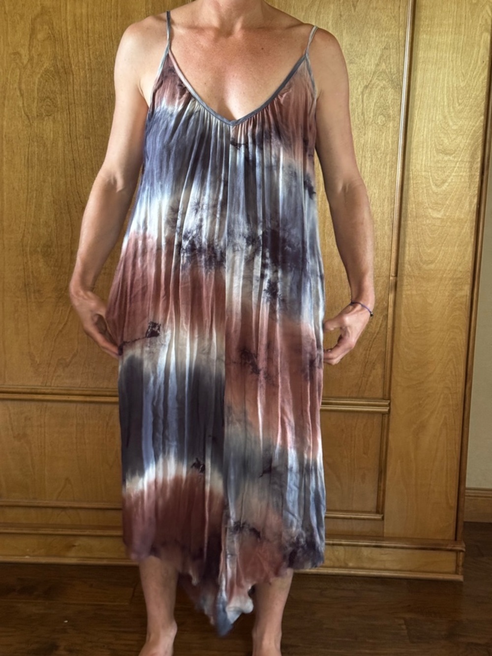 Tie-Dye Spaghetti Strap V-Neck Midi Romper in Blue and Brown